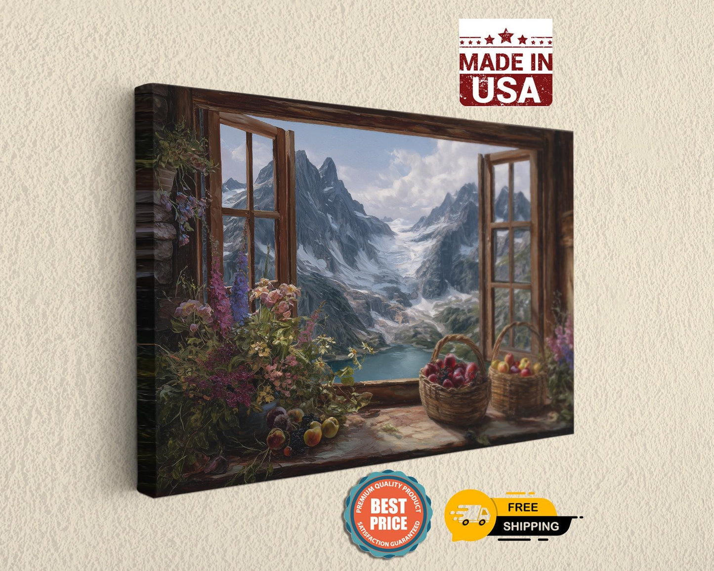The image is a painting of a scenic mountain view through a window, with a basket of fruit and flowers on the windowsill.