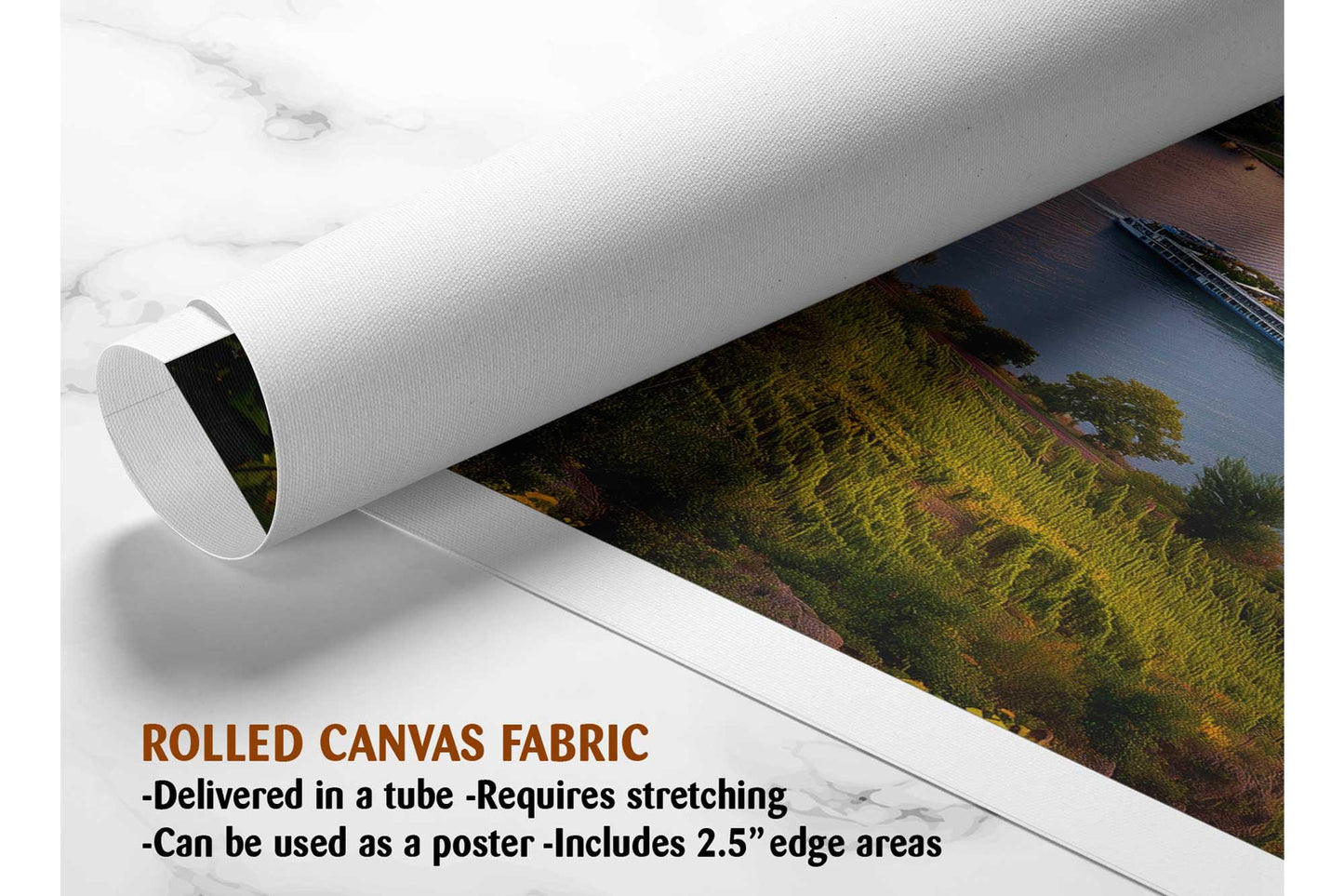 The image is a rolled canvas fabric, which is a type of canvas material used for painting or printing. It is described as a tube-delivered canvas fabric, which means it is delivered in a tube and requires stretching before use. It can be used as a poster with a 2.5&quot; edge area.