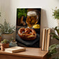 a wooden desk with a framed photograph of a pretzel, a mug of beer, and a bowl of mustard, surrounded by potted plants and books.