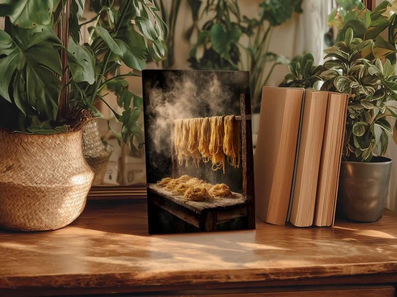 a wooden table with a framed photograph of noodles drying on a rack, surrounded by potted plants and books.