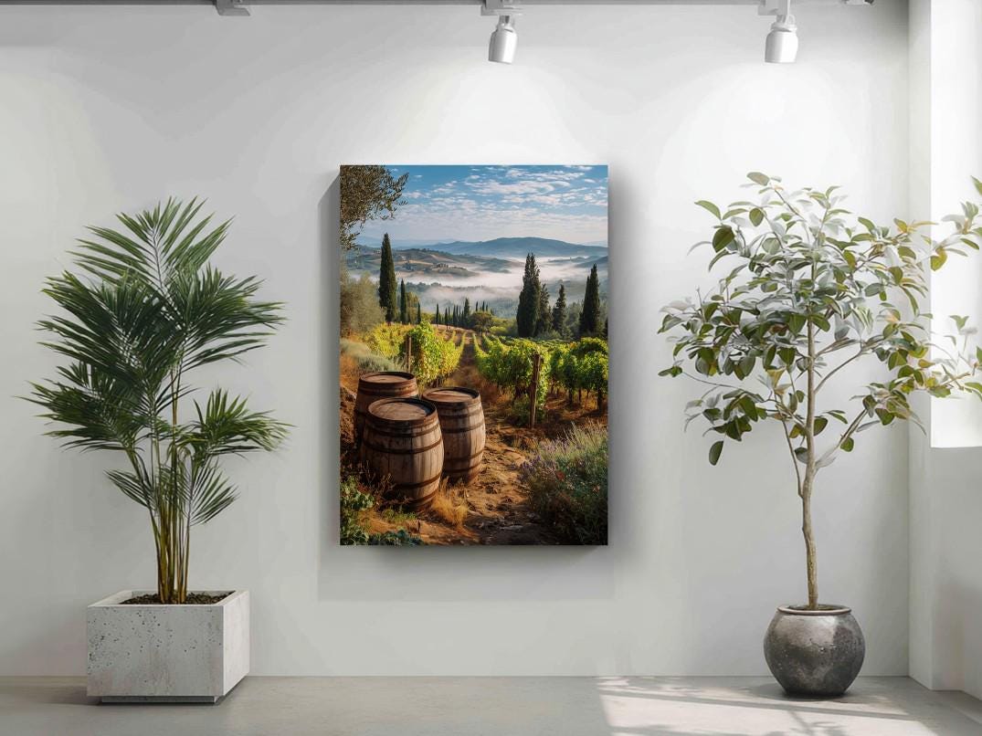 a large painting of a vineyard with barrels in the foreground, set against a backdrop of rolling hills and a blue sky with clouds.