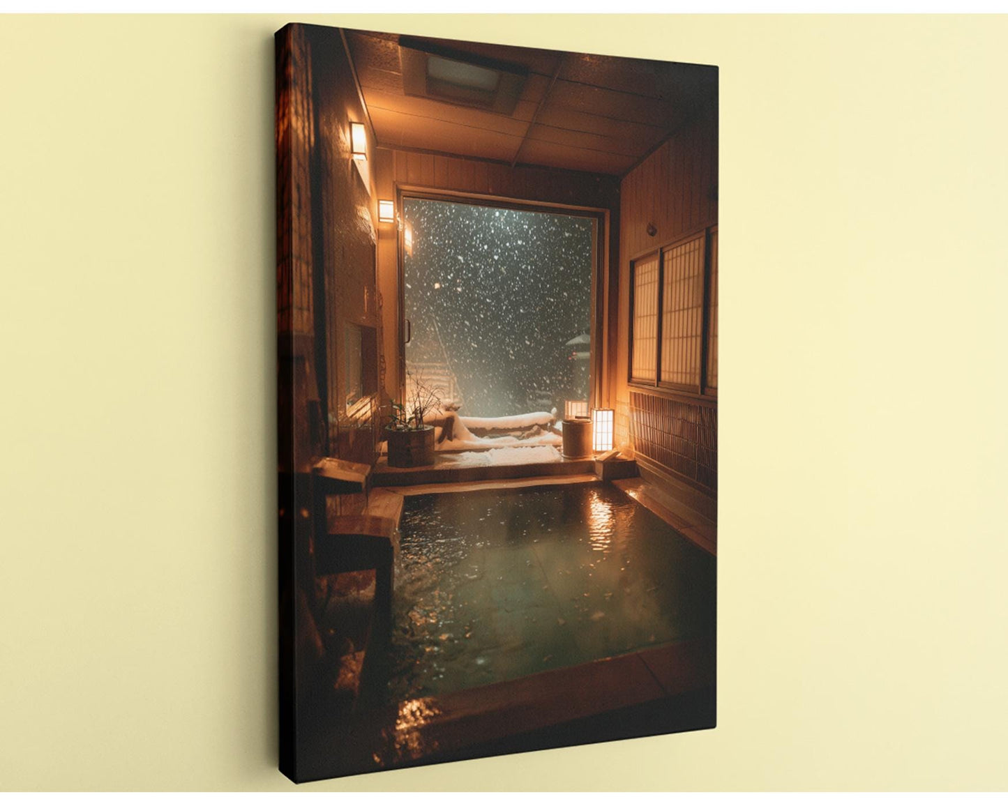 A serene indoor scene with a hot tub, surrounded by wooden walls and a large window that offers a view of falling snow outside.