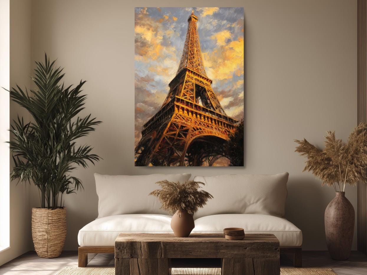 a large painting of the Eiffel Tower hanging on a wall in a living room.