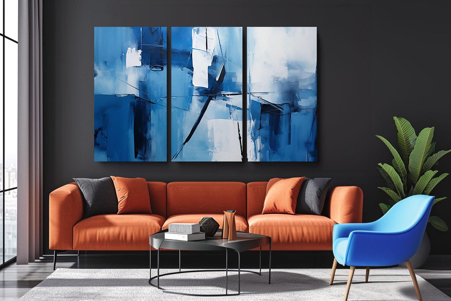 a living room with a couch, chair and painting on the wall