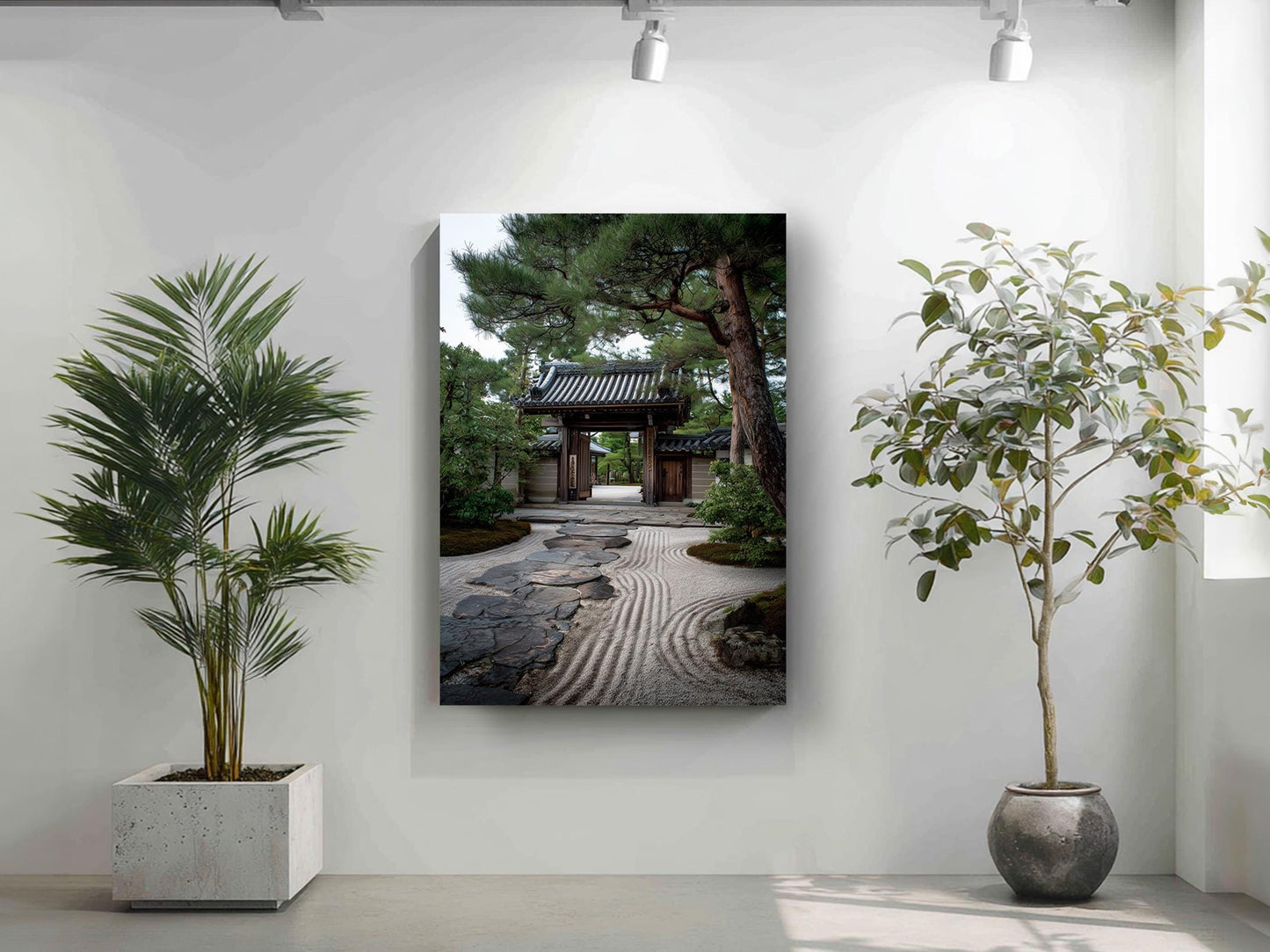 a serene Japanese garden scene, with a traditional Japanese temple surrounded by lush greenery and a stone path leading to the entrance.