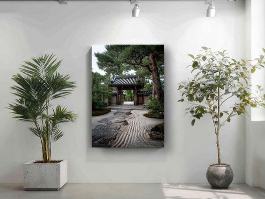 a serene Japanese garden scene, with a traditional Japanese temple surrounded by lush greenery and a stone path leading to the entrance.
