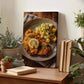 a wooden table with a framed photograph of a plate of food, including a piece of fried chicken and a side of potato salad, surrounded by potted plants and books.