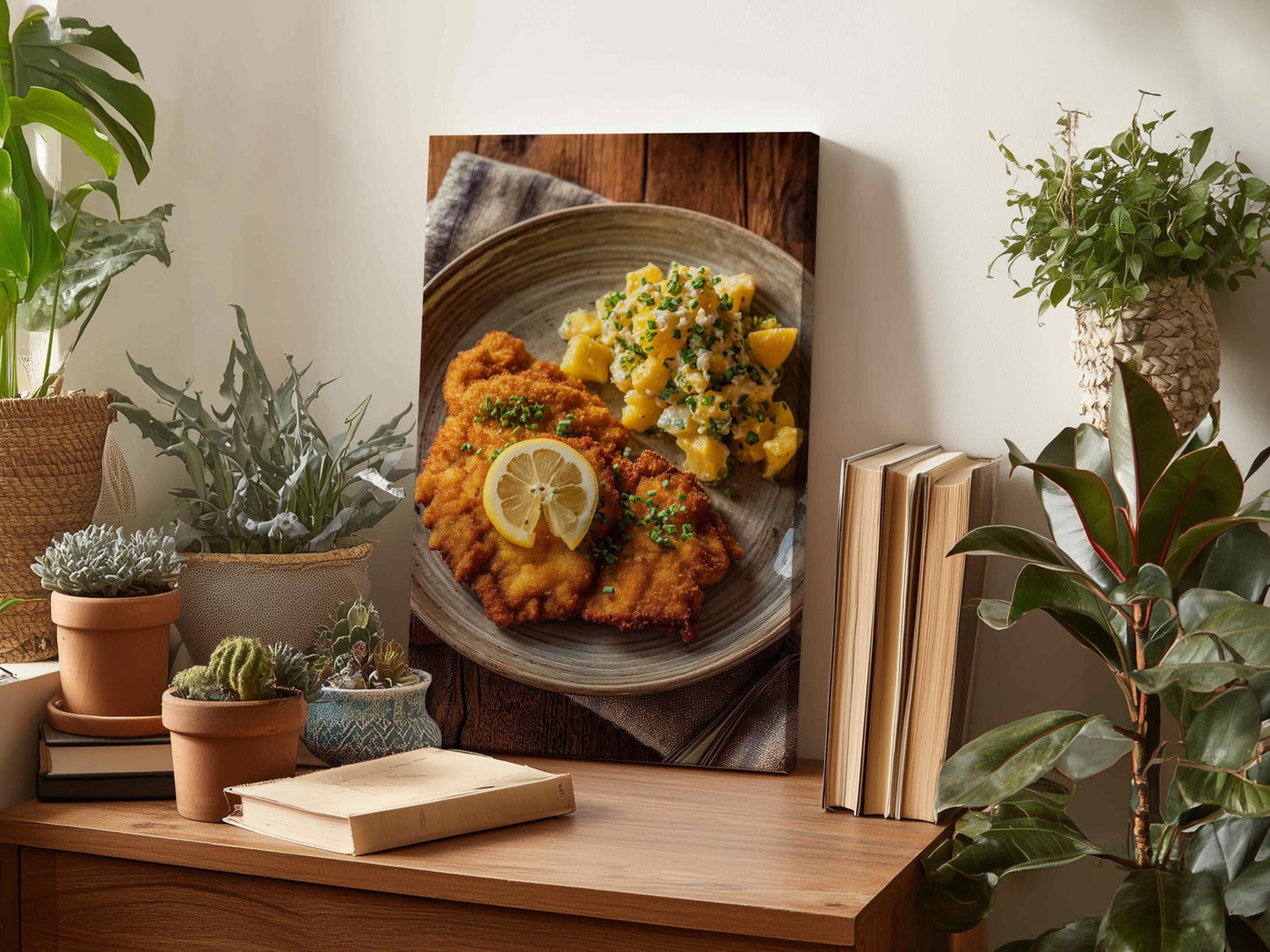 a wooden table with a framed photograph of a plate of food, including a piece of fried chicken and a side of potato salad, surrounded by potted plants and books.