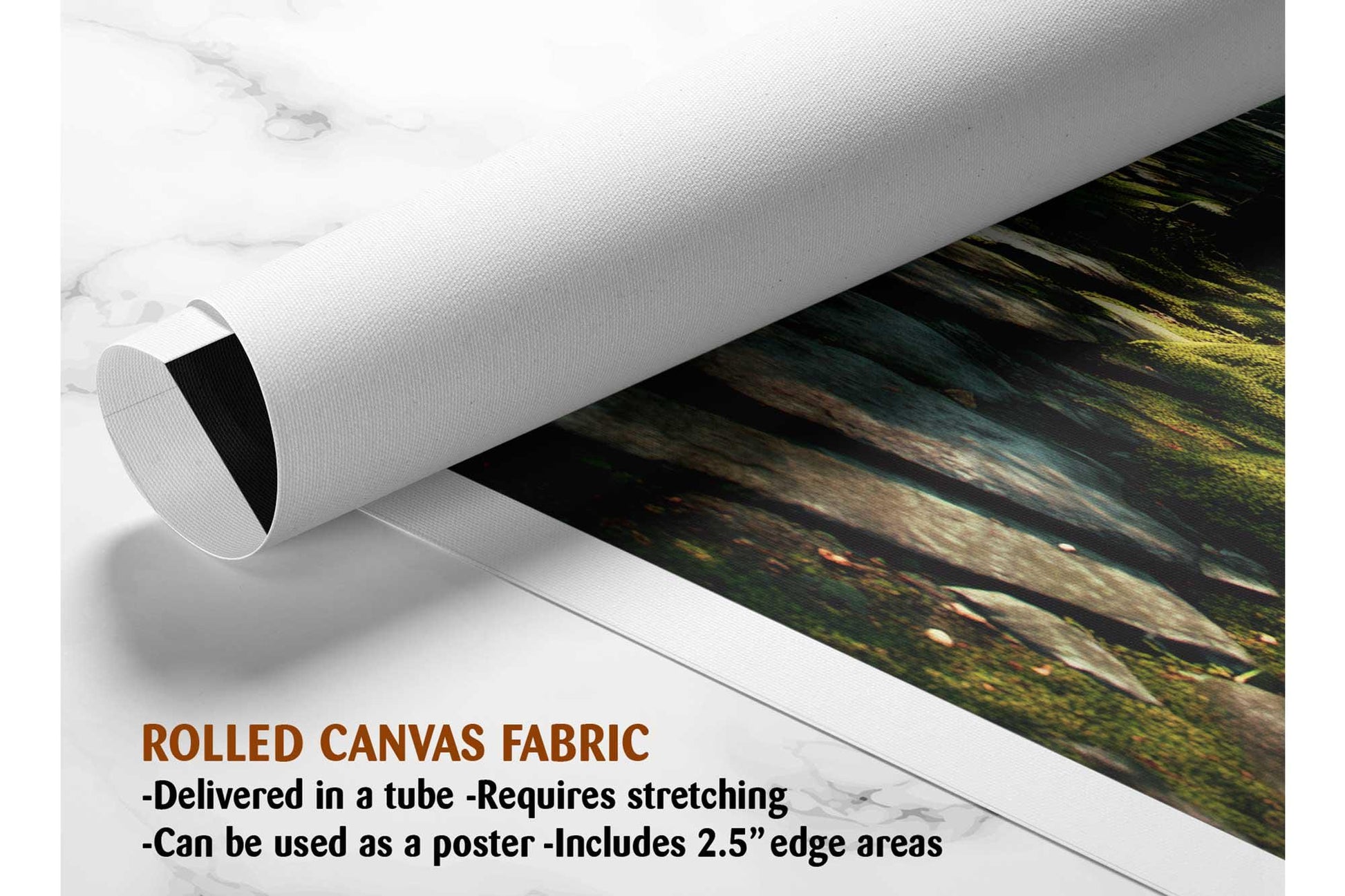 The image is a rolled canvas fabric, which is a type of canvas material used for painting or printing. It is described as a tube-delivered canvas fabric, which means it is delivered in a tube and requires stretching before use. It can be used as a poster with a 2.5&quot; edge area.