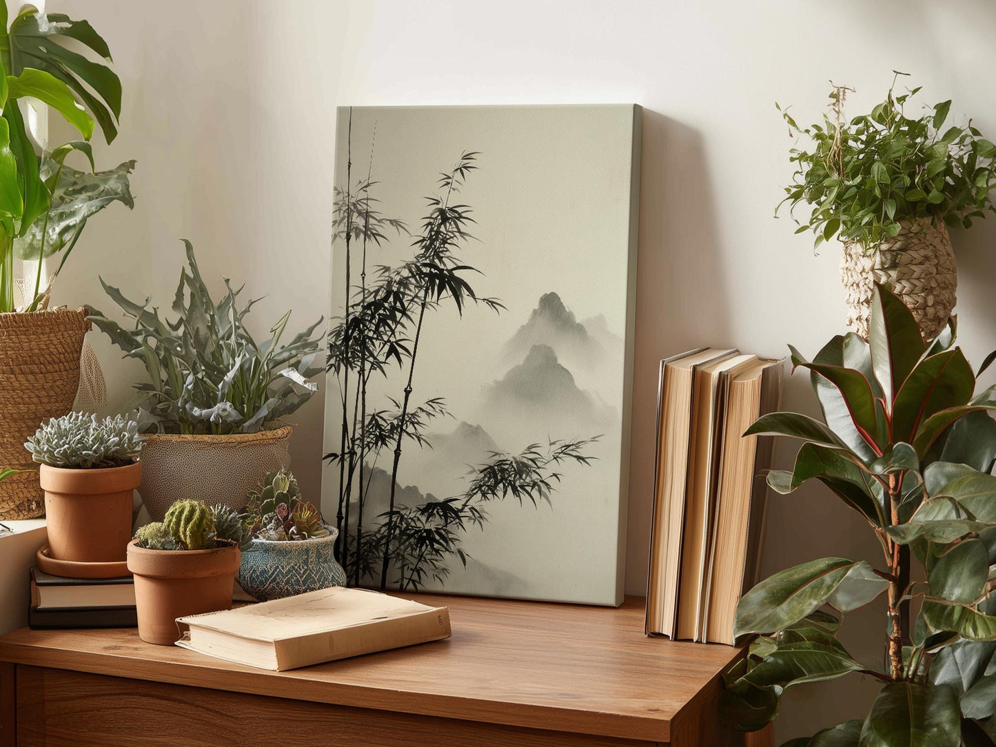 a wooden desk with various plants, books, and a framed landscape painting.