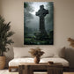 a large stone cross standing in a foggy graveyard, with a sofa and potted plants in the foreground.
