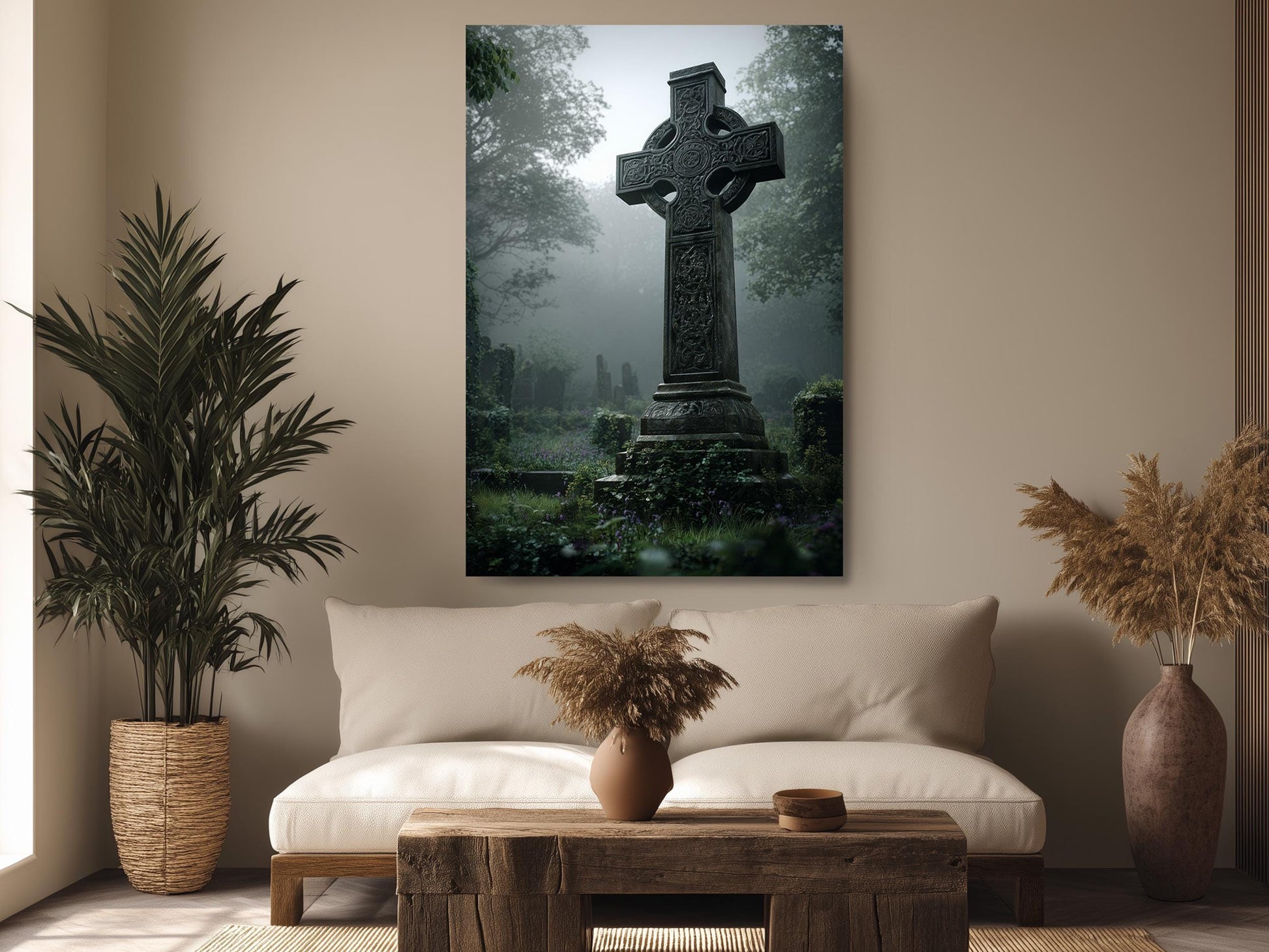a large stone cross standing in a foggy graveyard, with a sofa and potted plants in the foreground.
