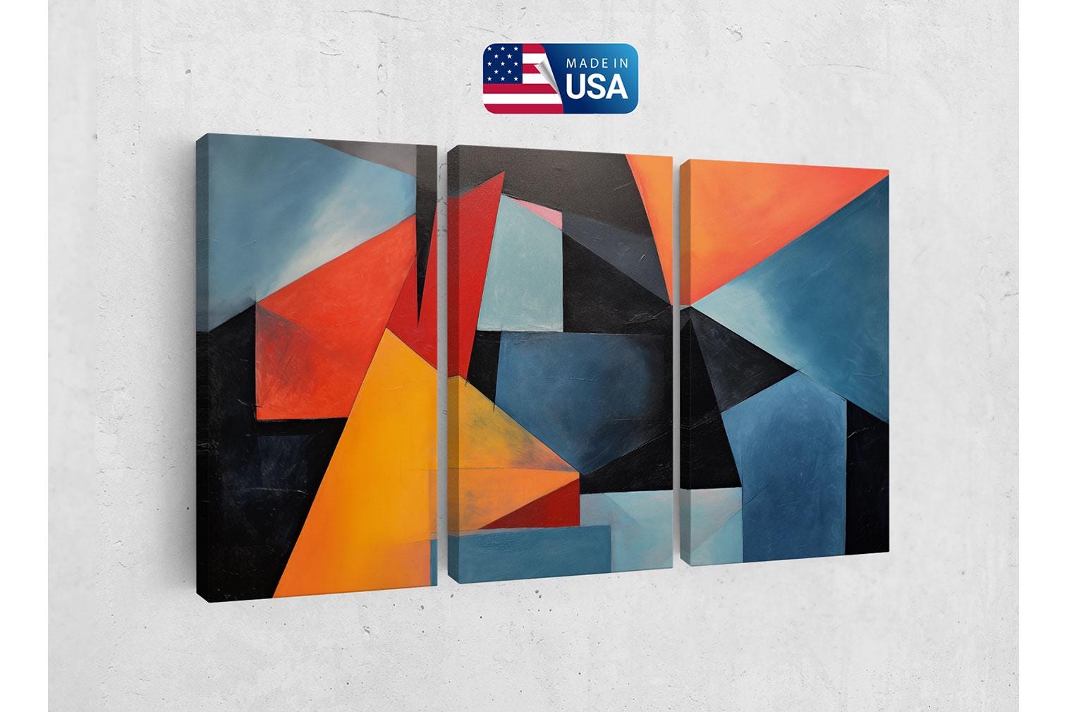 three pieces of art hanging on a wall