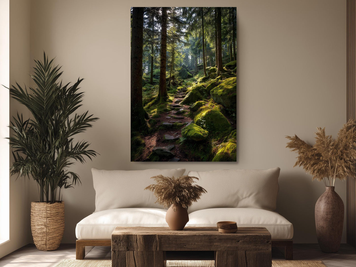 a serene forest scene with a winding path covered in moss, surrounded by tall trees and lush greenery.