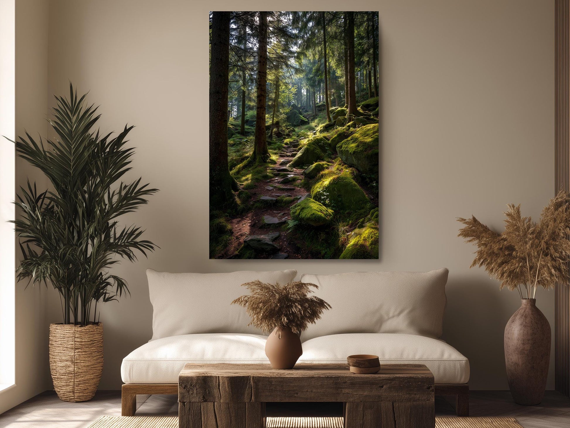 a serene forest scene with a winding path covered in moss, surrounded by tall trees and lush greenery.