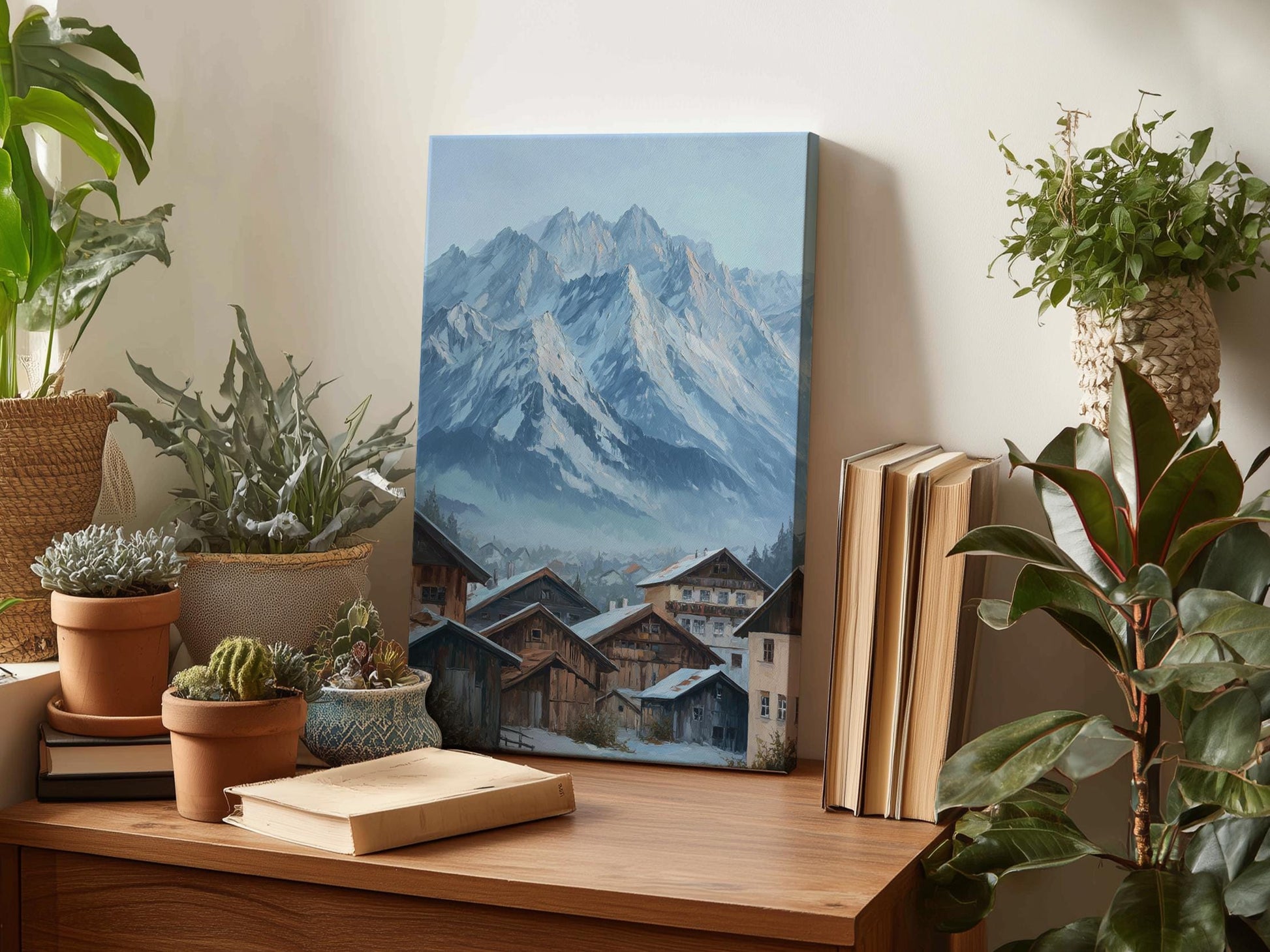 a wooden desk with a painting of a mountain village, a stack of books, and several potted plants.