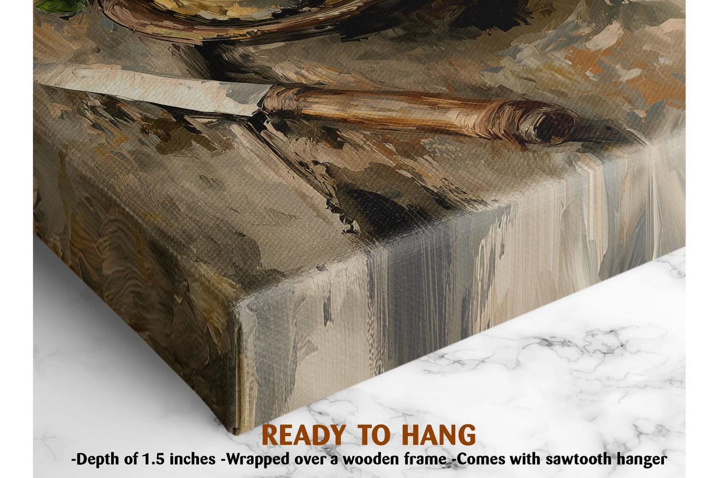 The image is a close-up of a wooden frame with a painting of a knife and a bowl on it, hanging on a wall.