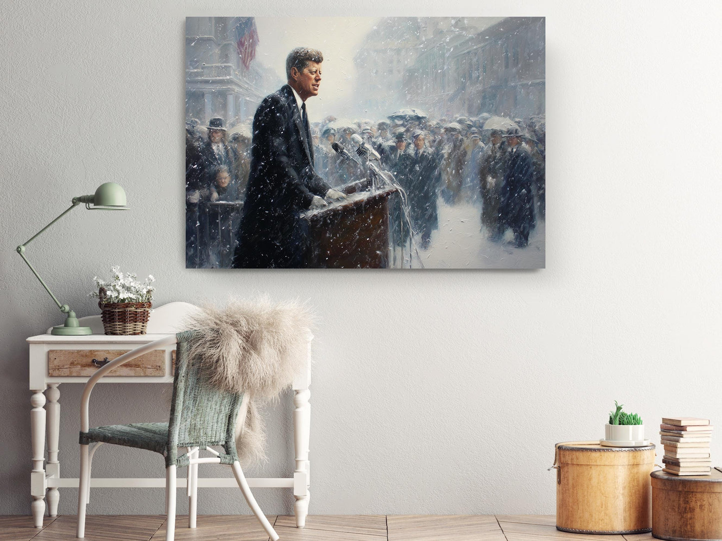 a man in a suit standing at a podium and addressing a crowd, with a snowy background.