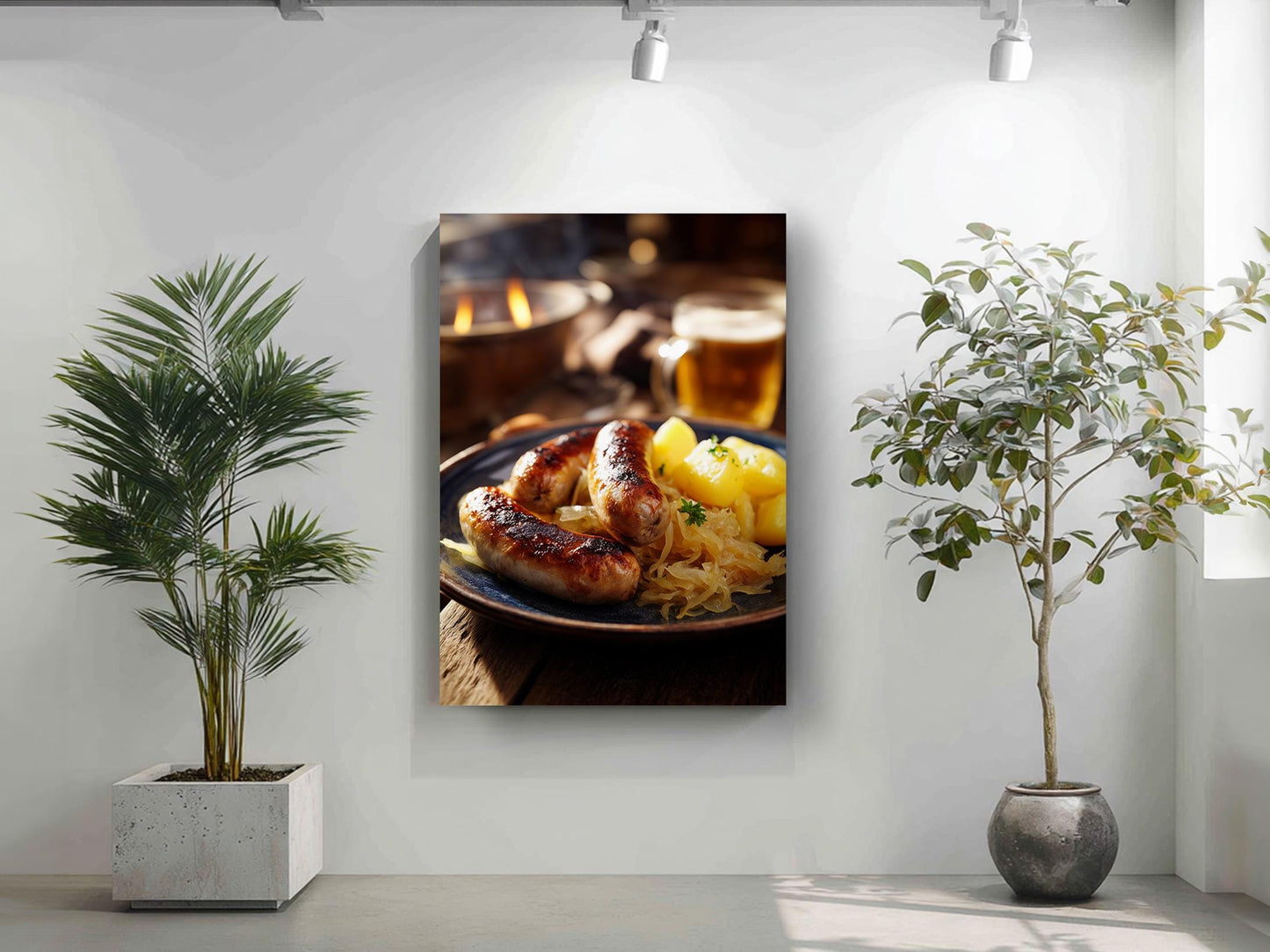a framed photograph of a plate of sausages and sauerkraut, with a glass of beer nearby, set against a white wall with a potted plant on the left and a plant on the right.