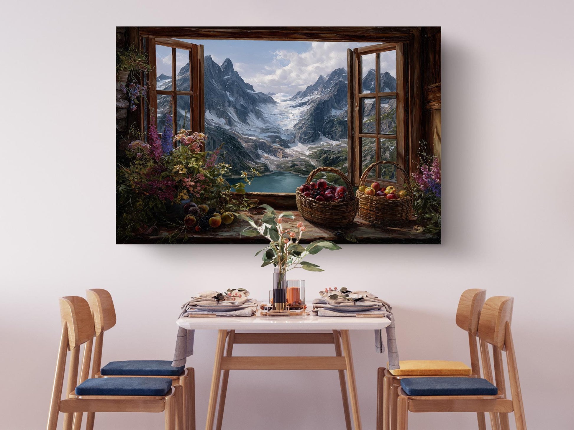 a serene dining scene with a table set for four, surrounded by four wooden chairs. Above the table, a large painting of a mountain landscape with a window overlooking a lake is displayed. The painting features a basket of fruit and flowers, adding a touch of nature to the scene.