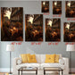 The image is a living room with a white sofa and a coffee table. Above the sofa, there are seven framed pictures of the same scene, each with a different size and orientation. The pictures are arranged in a grid-like pattern, with the largest one at the top and the smallest at the bottom. The sizes of the pictures are labeled with the corresponding measurements: 40 x 60, 30 x 45, 24 x 36, 20 x 30, and 20 x 24.