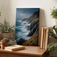 a wooden desk with a framed photograph of a coastal landscape, including a lighthouse, ocean waves, and rocky cliffs. The desk also has several potted plants, books, and other decorative items.