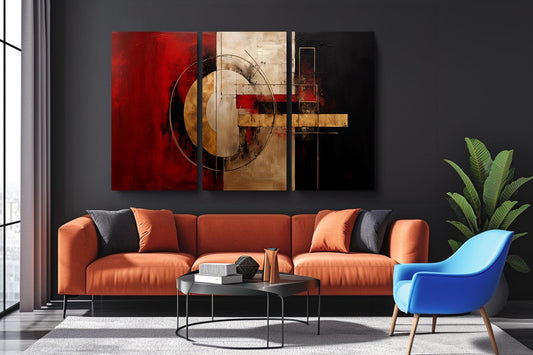 a living room with a couch, chair and painting on the wall