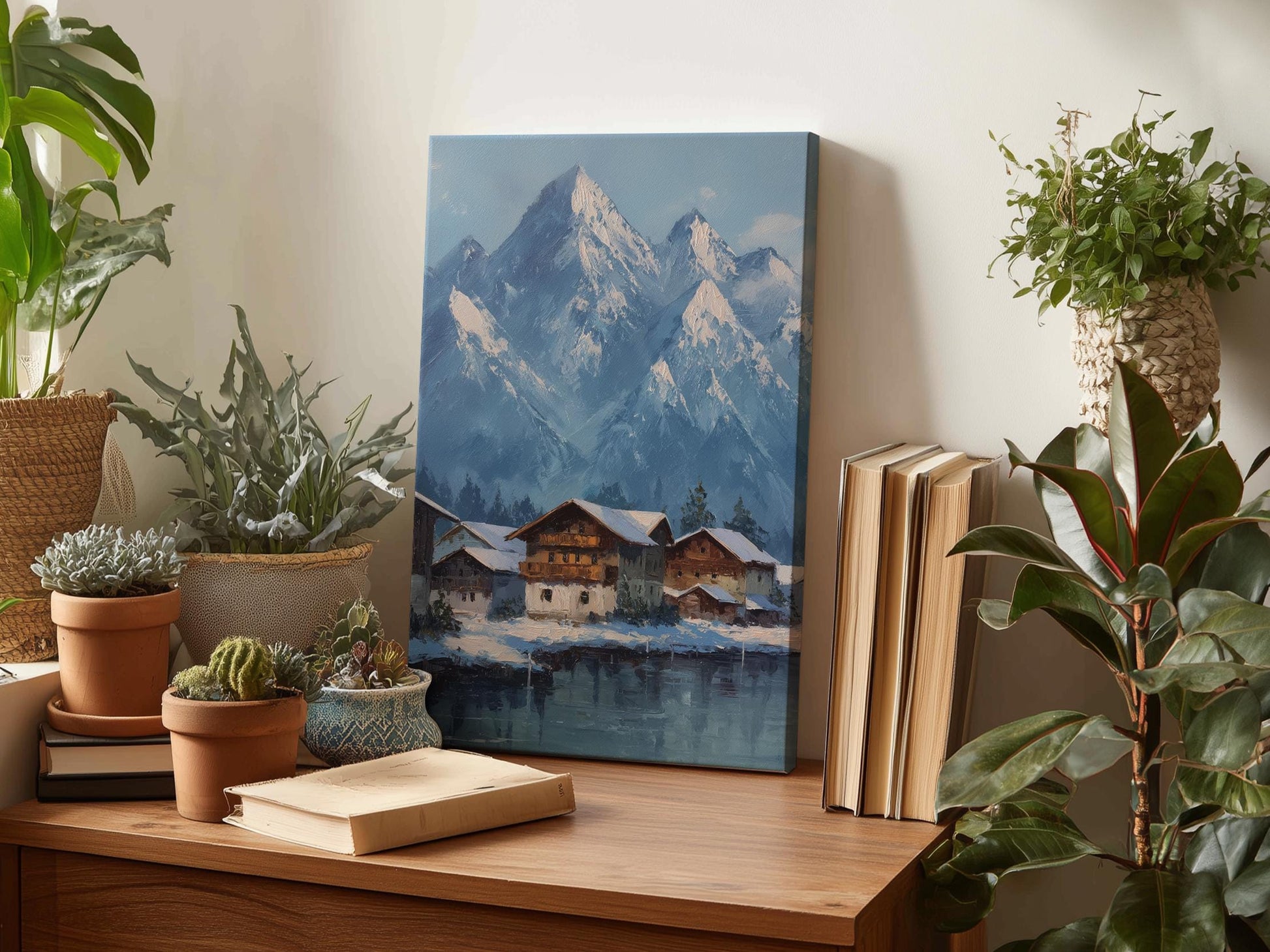 a wooden table with a painting of a snowy mountain village, surrounded by potted plants and books.