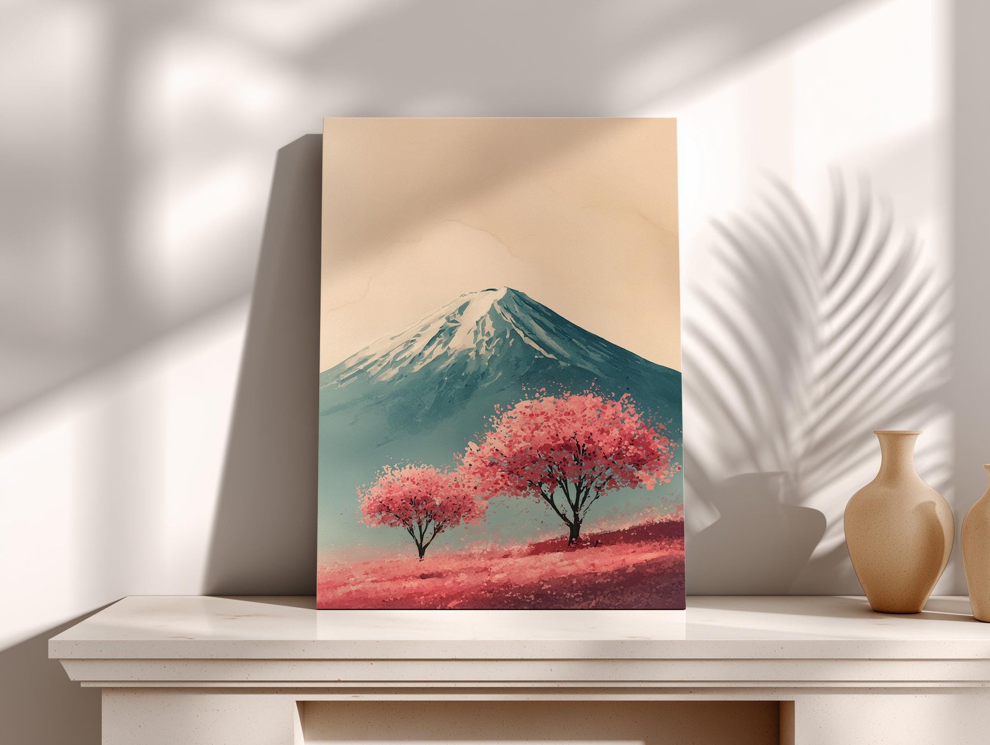 a painting of a mountain with a snow-capped peak and two pink trees in the foreground, set against a pale blue sky.