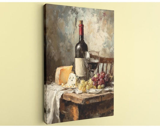 The image is a painting depicting a table with a bottle of wine, a glass, cheese, and grapes.