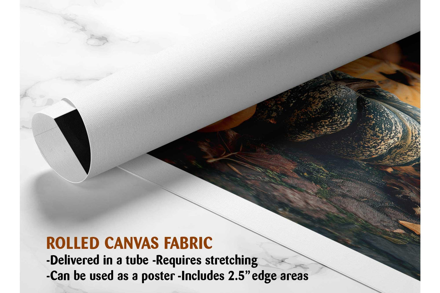 The image is a rolled canvas fabric, which is a type of canvas material used for painting or printing. It is described as a tube-delivered fabric that requires stretching and can be used as a poster with a 2.5&quot; edge.