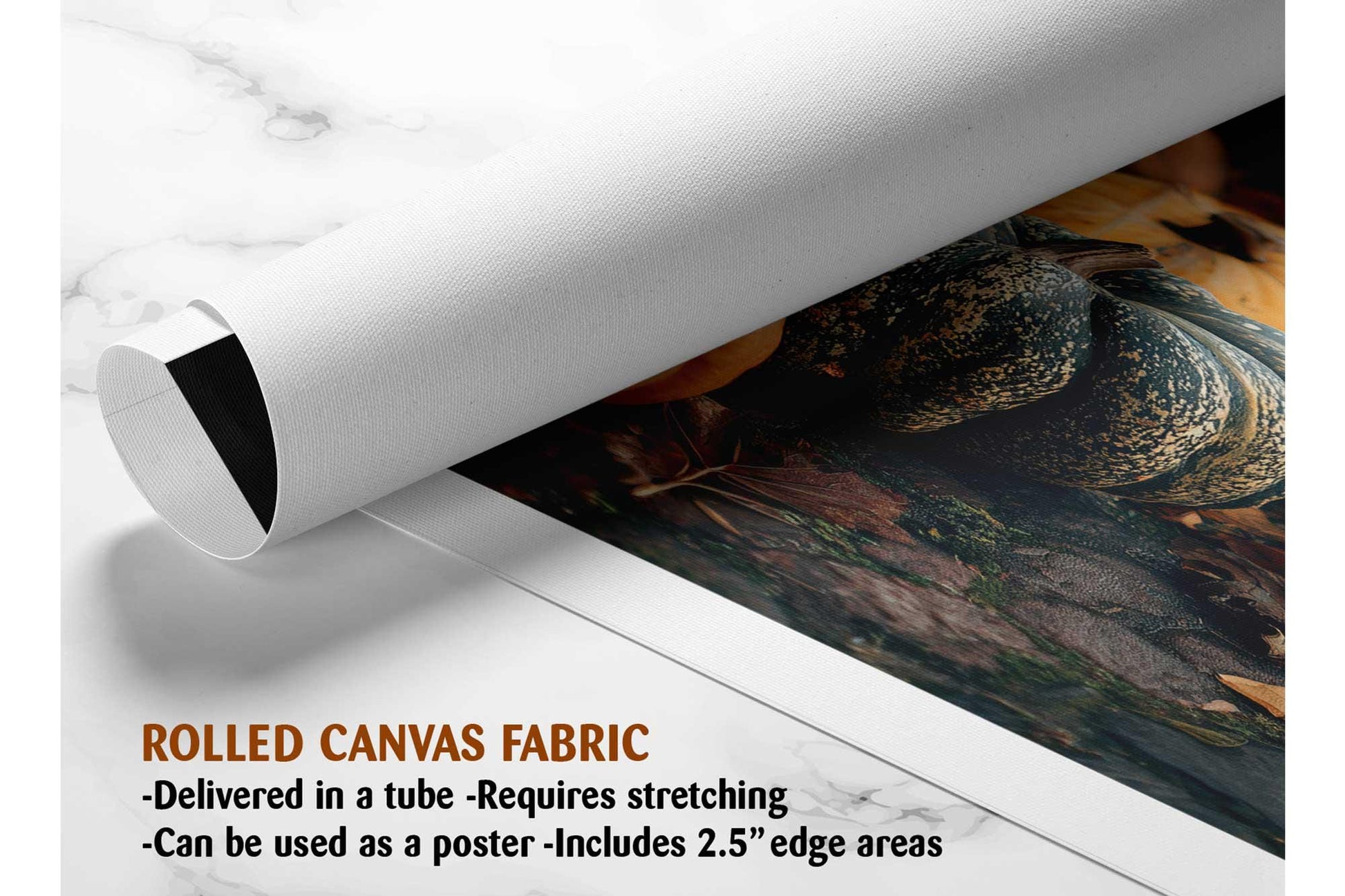 The image is a rolled canvas fabric, which is a type of canvas material used for painting or printing. It is described as a tube-delivered fabric that requires stretching and can be used as a poster with a 2.5&quot; edge.