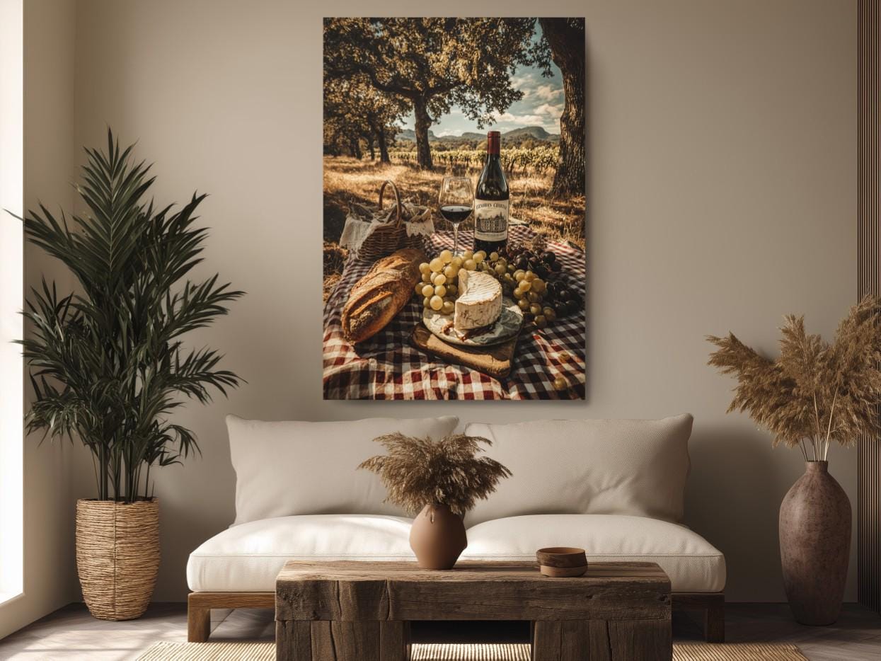 a cozy living room with a large painting of a picnic scene hanging on the wall. The painting features a table set with food and wine, including a bottle of wine, a loaf of bread, and a basket of grapes. The room is decorated with potted plants, a vase, and a wooden coffee table.