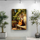 a painting of a guitar leaning against a wall, surrounded by lush greenery and flowers, with a potted plant to the left and a tall plant to the right.
