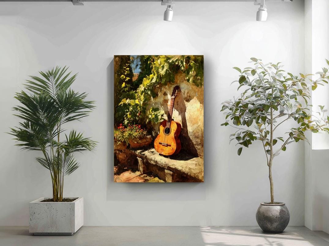 a painting of a guitar leaning against a wall, surrounded by lush greenery and flowers, with a potted plant to the left and a tall plant to the right.