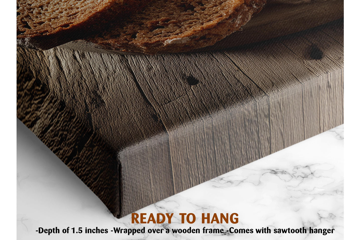a close-up view of a wooden cutting board with a slice of bread on top, placed on a marble countertop.