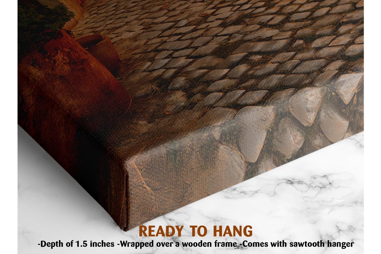 The image is a close-up of a textured surface, possibly a stone or brick pattern, with a wooden frame. The text &quot;READY TO HANG&quot; is visible, indicating that the image is ready to be hung on a wall.