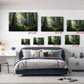 The image is a bedroom with a large bed, a nightstand, and a desk. Above the bed, there are six framed landscape photographs of forests, each with a different size and resolution. The photographs are arranged in a grid-like pattern on the wall, providing a visual representation of the different sizes and styles of the forest images.
