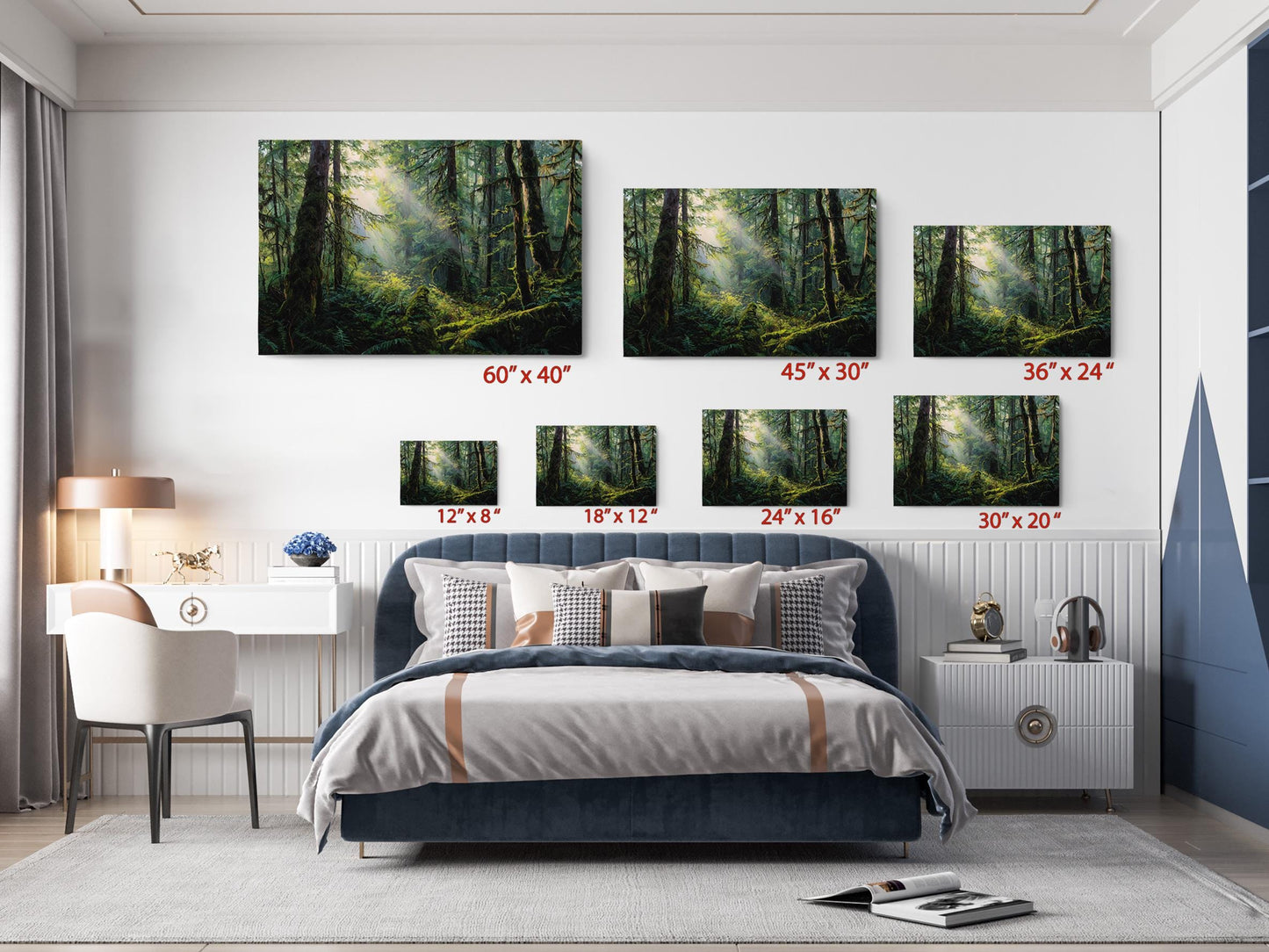 The image is a bedroom with a large bed, a nightstand, and a desk. Above the bed, there are six framed landscape photographs of forests, each with a different size and resolution. The photographs are arranged in a grid-like pattern on the wall, providing a visual representation of the different sizes and styles of the forest images.