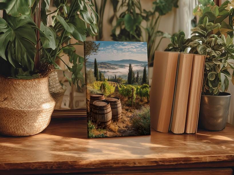a wooden table with a framed photograph of a vineyard, a woven basket, and a stack of books.