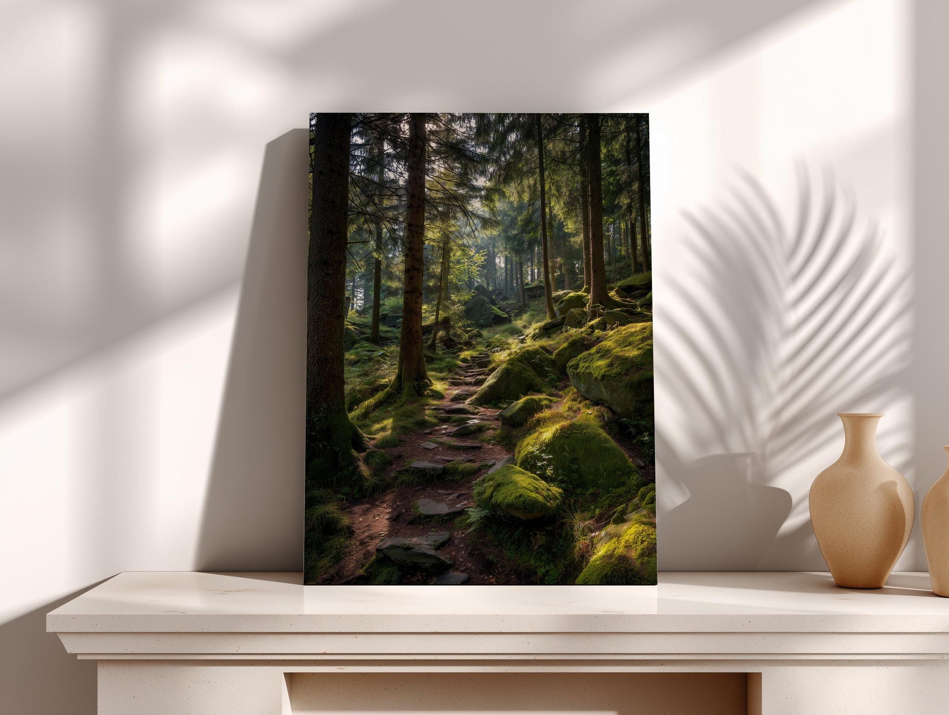 a serene forest path winding through a lush, mossy landscape, with tall trees and a carpet of green moss covering the ground.