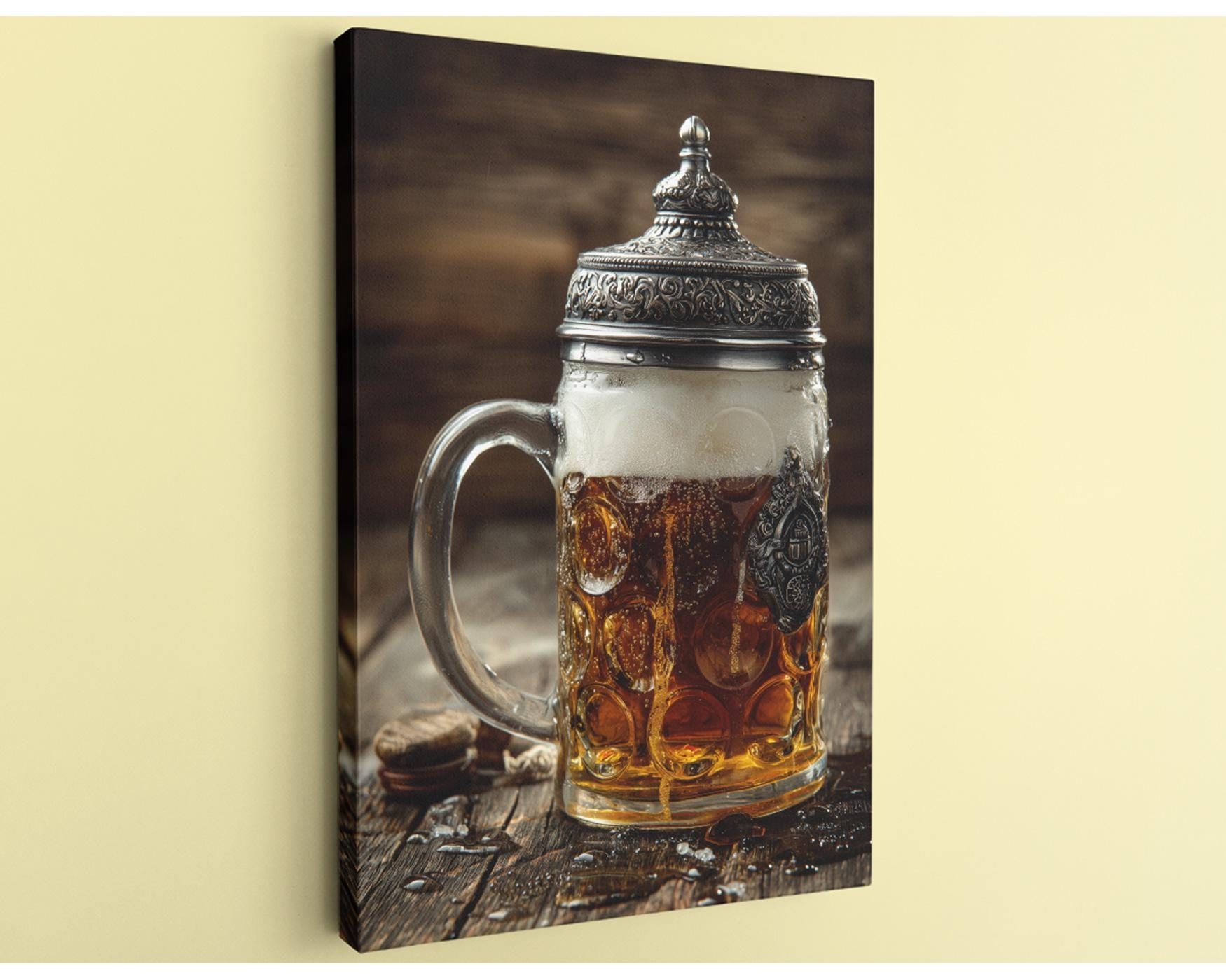 A close-up photograph of a glass mug filled with beer, placed on a wooden surface.
