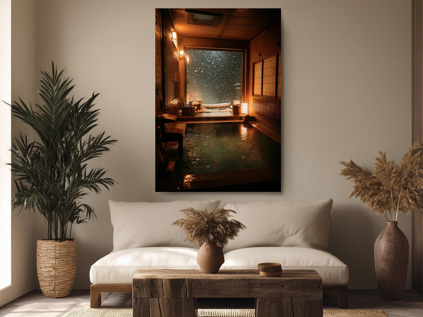 a serene indoor setting with a wooden coffee table, a white sofa, and a large window with a view of a snowy landscape outside.