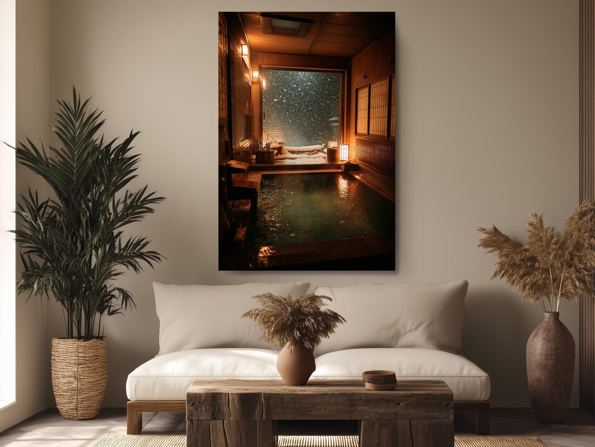 a serene indoor setting with a wooden coffee table, a white sofa, and a large window with a view of a snowy landscape outside.