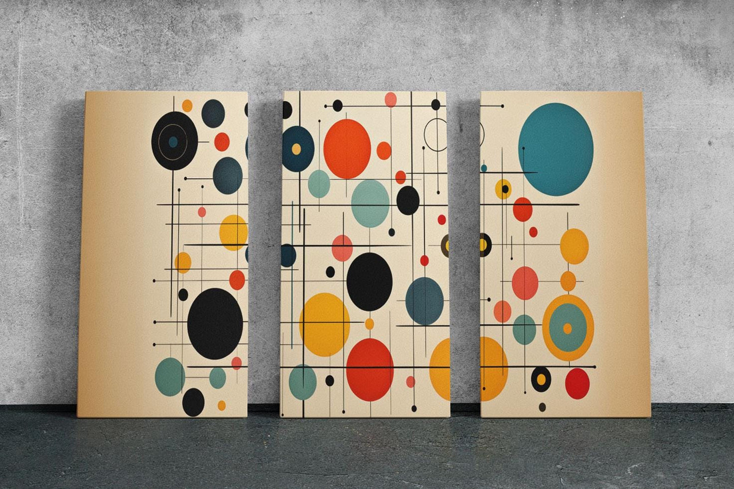 three abstract paintings on a wall in a room