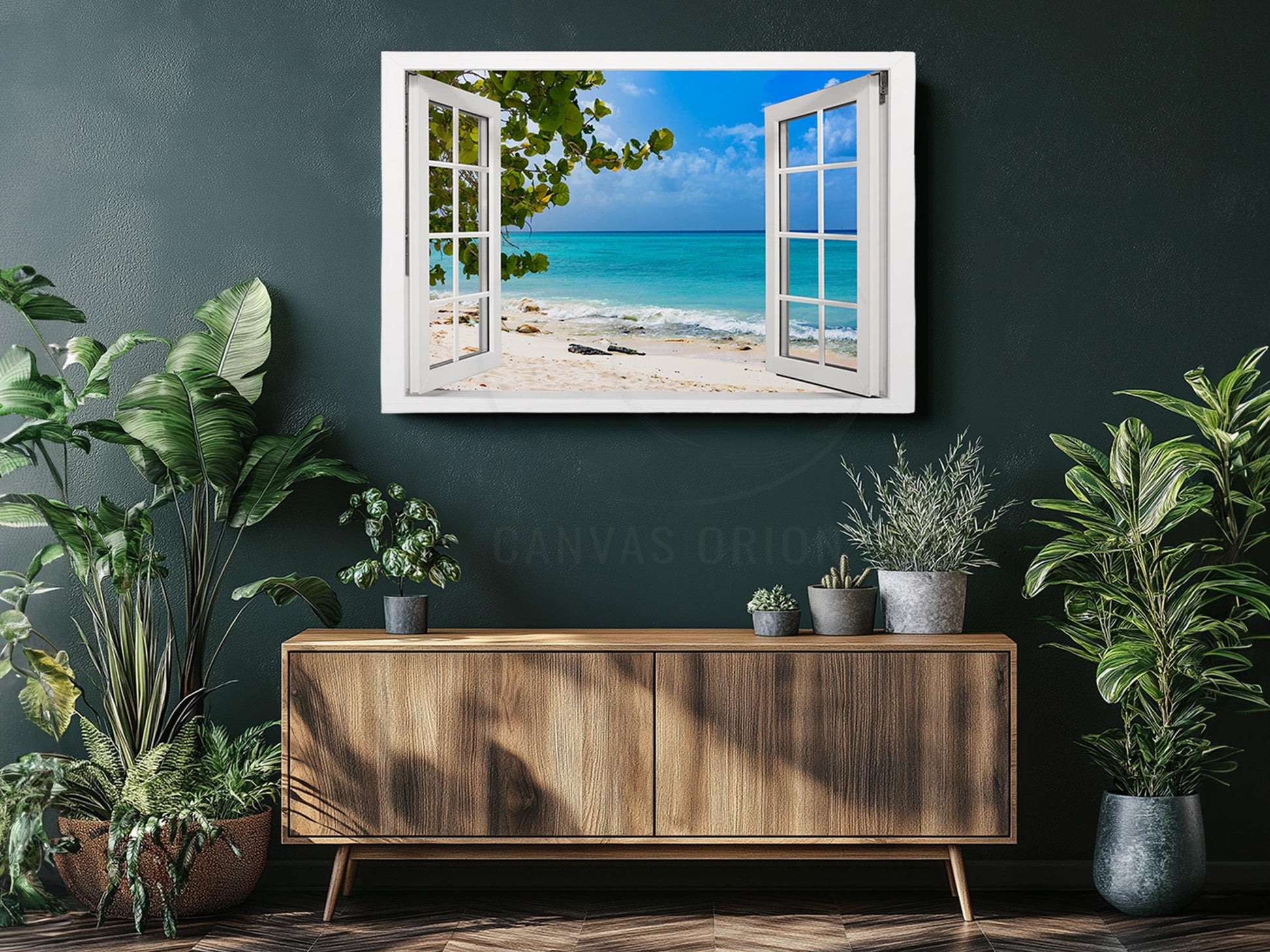 an open window overlooking a beach with a view of the ocean