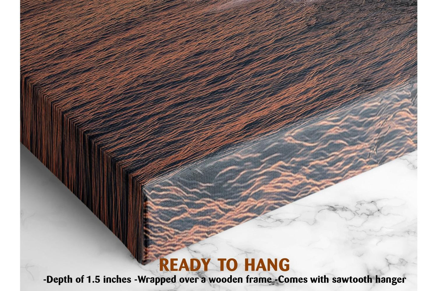 a close-up view of a wooden surface with a textured, striped pattern. The text overlay indicates that the image is a ready-to-hang picture, with a depth of 1.5 inches and a wooden frame. The text also mentions that the picture comes with a sawtooth hanger.