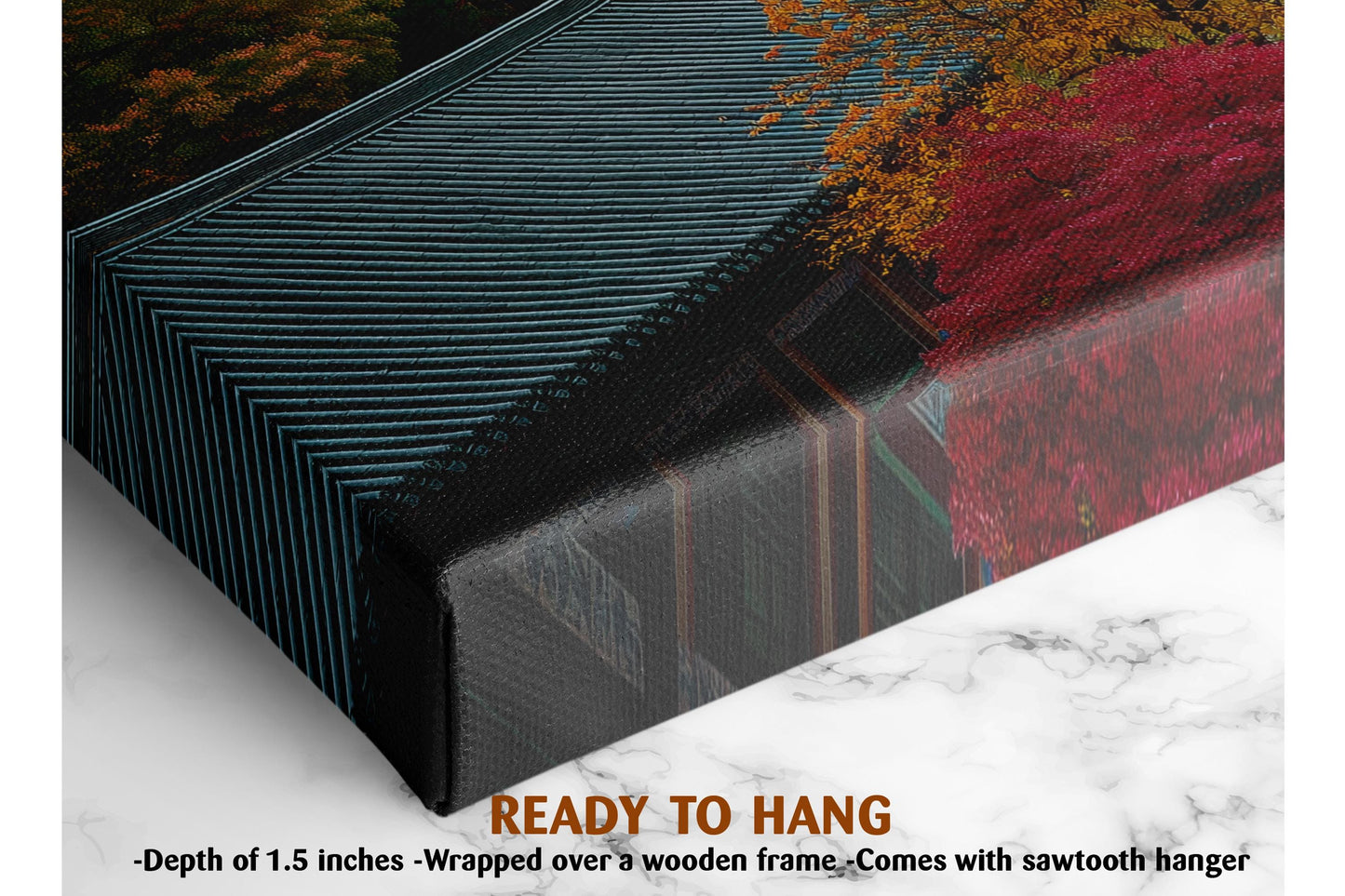 The image is a framed artwork depicting a vibrant autumn scene with a wooden frame and a sawtooth hanger. The artwork is described as a &quot;Ready to Hang&quot; and is framed at 1.5 inches depth.