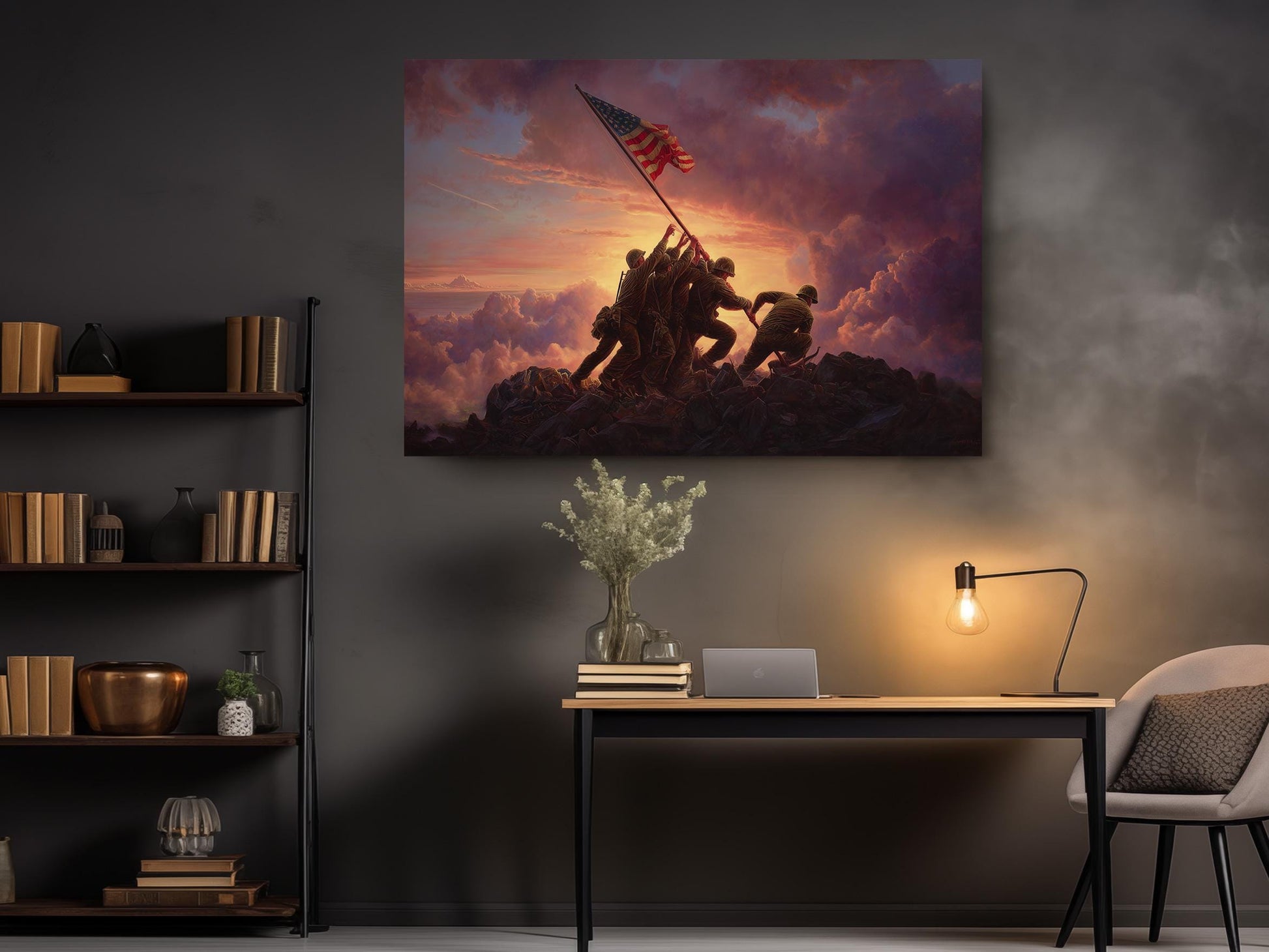 a large painting of a group of soldiers on a mountain, with an American flag prominently displayed, mounted on a wall above a wooden desk with a lamp and some books.