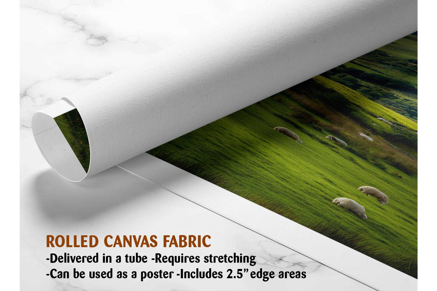 The image is a rolled canvas fabric that has been delivered in a tube. It requires stretching and can be used as a poster with a 2.5&quot; edge area.